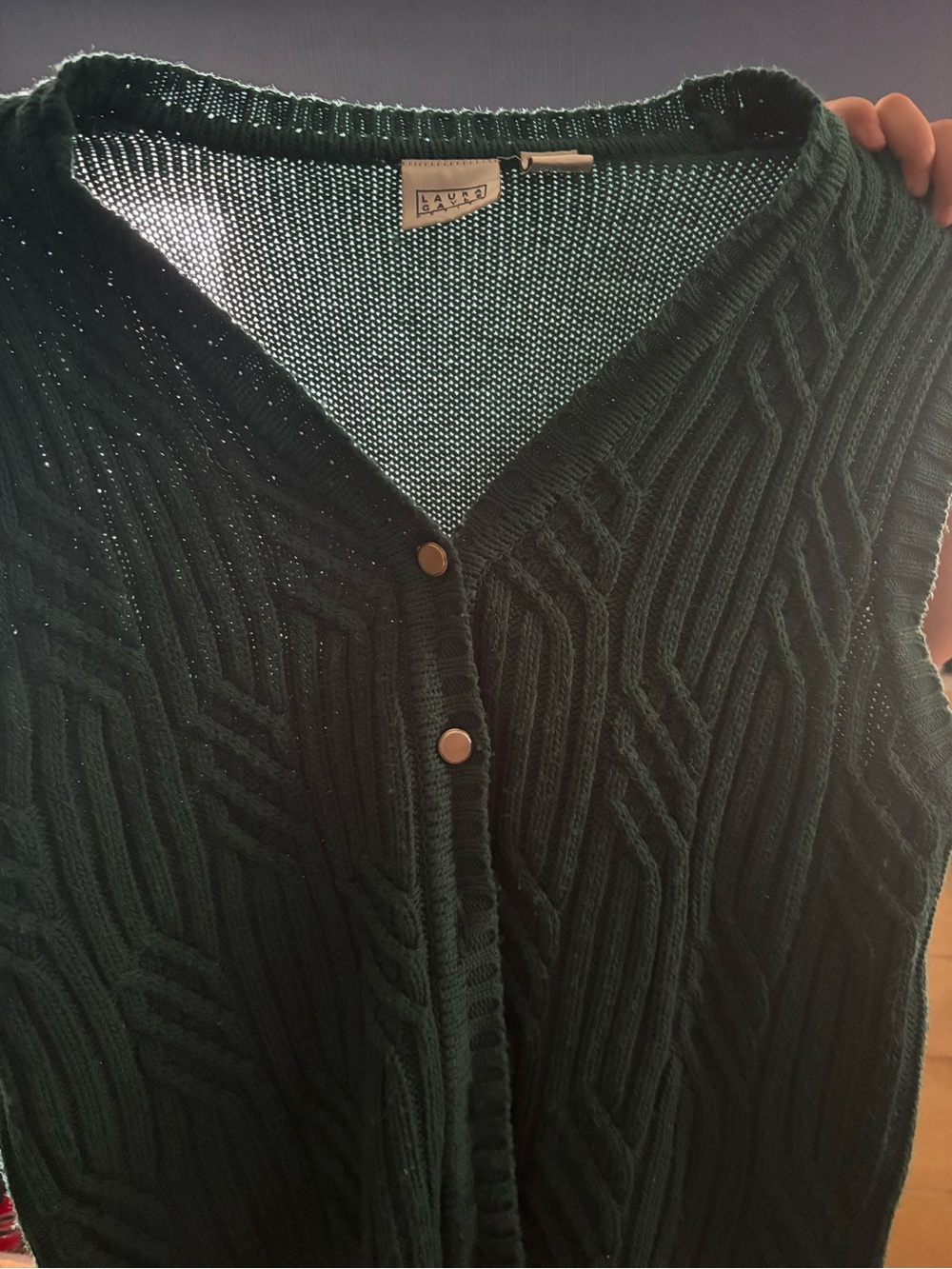 Laura Ashley Forest Green Cable Knit Snap-Front Vest